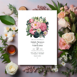 Mörk grönt och Pastel Rosa Blommigt Bröllop Inbjudningar