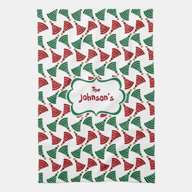 Mörk grönt och Röda Julgran Mönster Kökshandduk (Vertikal)