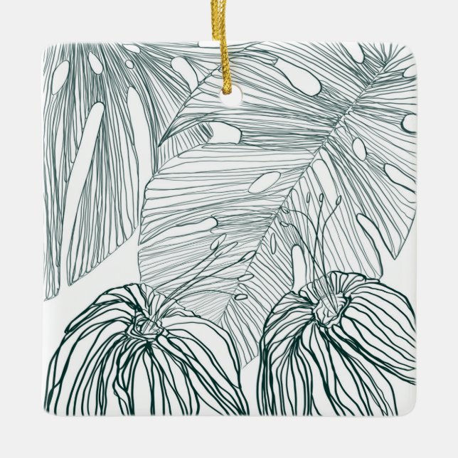mörk grönt och teala monstera löv & lilies-kontur julgransprydnad keramik (Framsida)