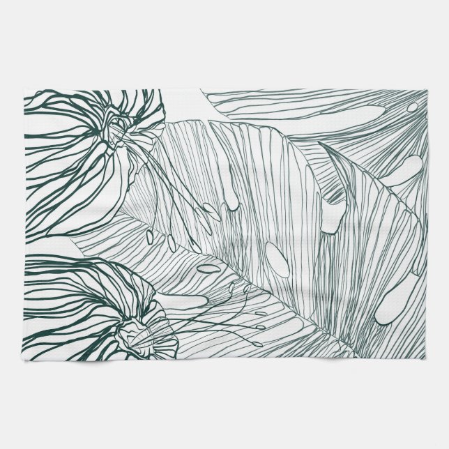mörk grönt och teala monstera löv & lilies-kontur kökshandduk (Horisontell)
