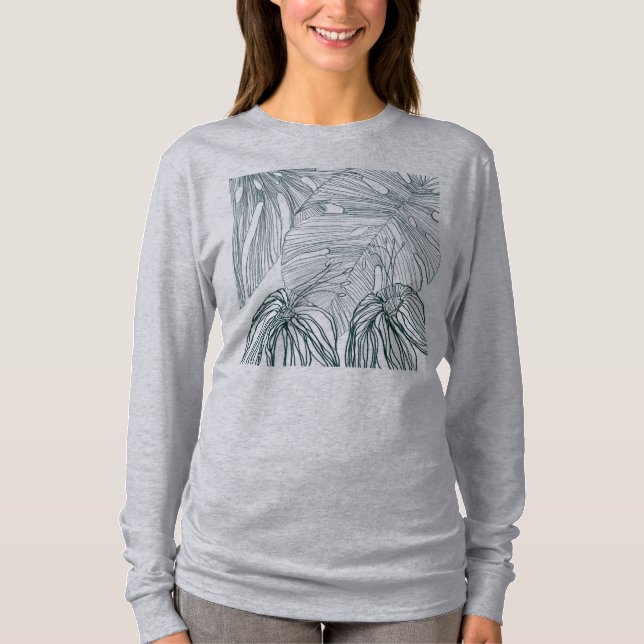 mörk grönt och teala monstera löv & lilies-kontur t shirt (Framsida)