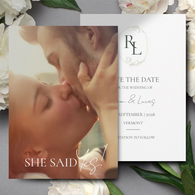 Mörk grönt och vit Blommigt, Monogram Photo Bröllo Meddelande (Skapare uppladdad)