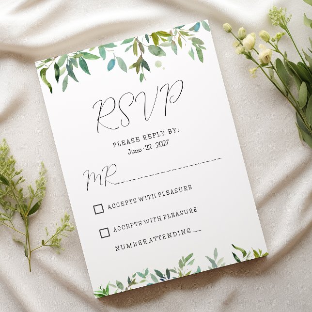 Mörk grönt OSA av lövgrej vid botaniskt mynta Inbjudningar (Botanic mint dark green foliage greenery RSVP )
