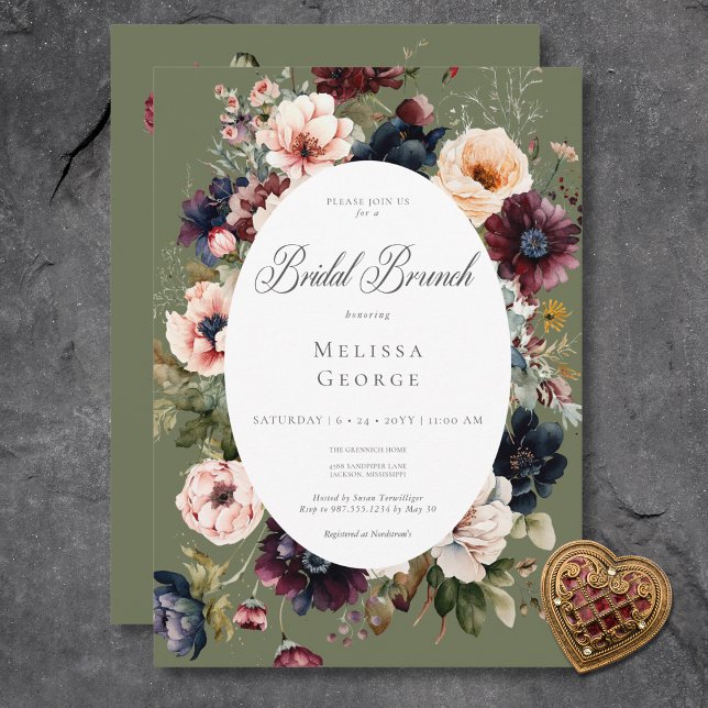 Mörk grönt Oval Blommigt Ram Möhippa Brunch Inbjudningar (Dark Green Oval Floral Frame Bridal Brunch Invitation)