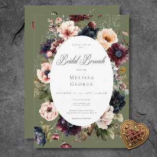 Mörk grönt Oval Blommigt Ram Möhippa Brunch Inbjudningar