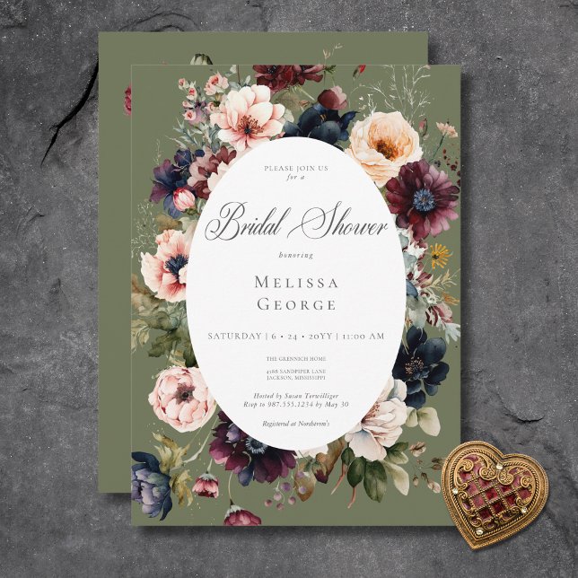 Mörk grönt Oval Blommigt Ram Möhippa Inbjudningar (Dark Green Oval Floral Frame Bridal Shower Invitation)