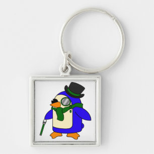 Mörk grönt penguin fyrkantig silverfärgad nyckelring