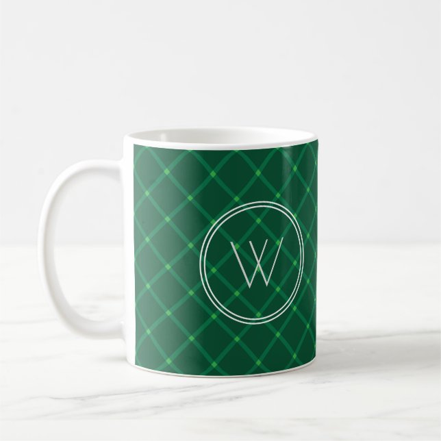 Mörk grönt plaid festive anpassningsbar monogram kaffemugg (Vänster)