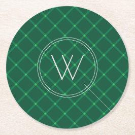 Mörk grönt plaid julafton anpassningsbar monogram underlägg papper rund