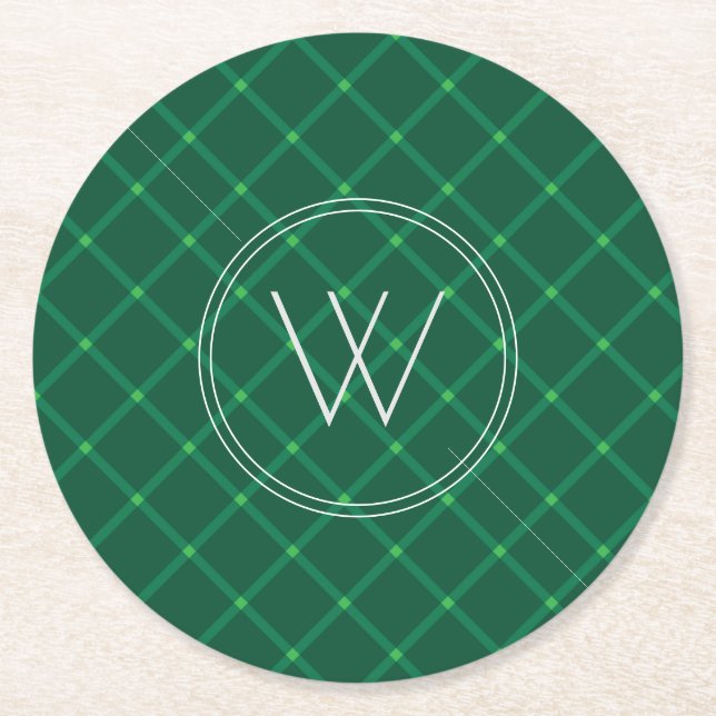Mörk grönt plaid julafton anpassningsbar monogram underlägg papper rund (Framsidan)