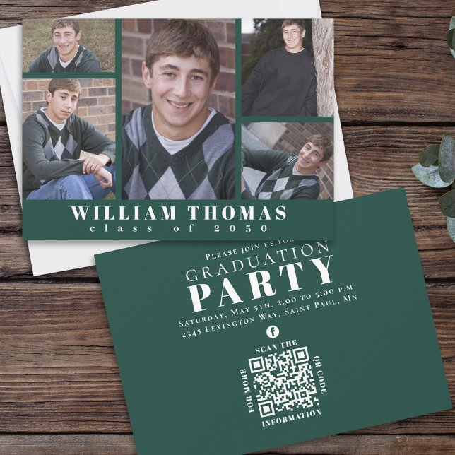 Mörk grönt QR-kod för Student Multi Photo Collage Inbjudningar (Skapare uppladdad)
