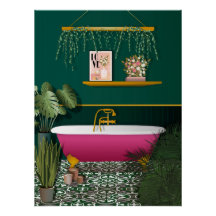 Mörk grönt romantiska badrum | Rosa Bathtub Poster