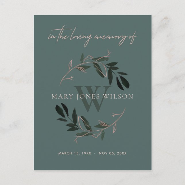 MÖRK GRÖNT ROSA FOLIAGE WREATH MEMORIAL TACK INBJUDAN VYKORT (Framsida)