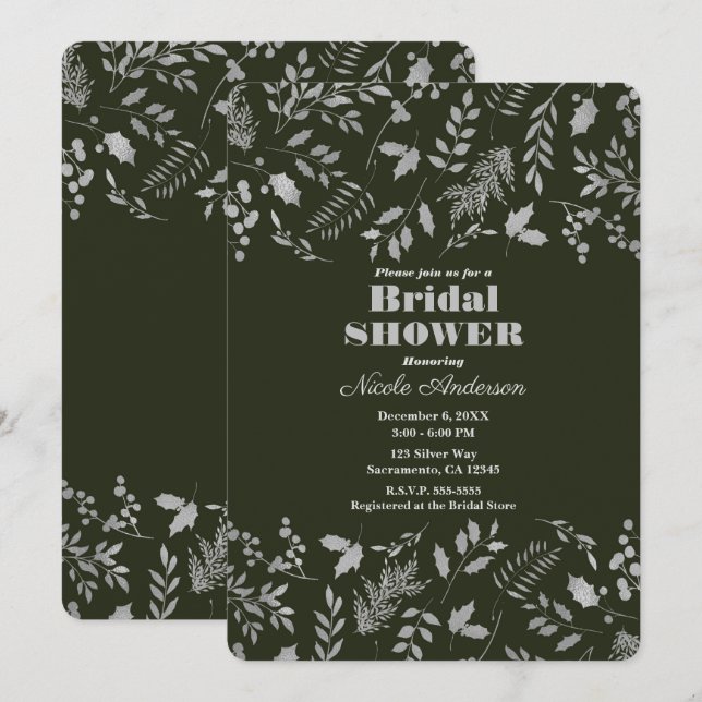 Mörk grönt Silver Lövs botaniska Möhippa Inbjudningar (Fram/baksida)