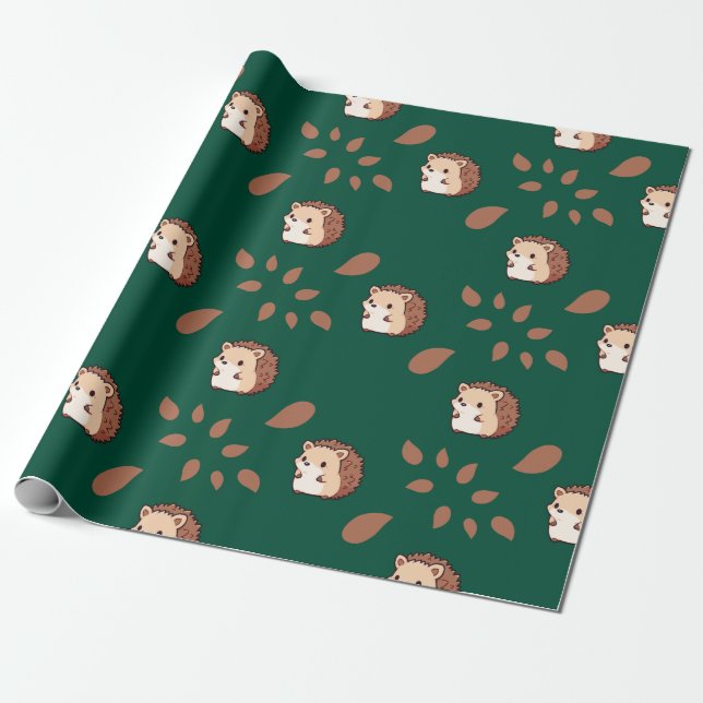 Mörk grönt sjölöst Papper: Cute Hedgehogs Presentpapper (Utrullad)