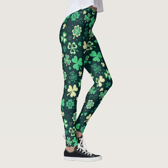 Mörk - grönt St Patrick lyckligt shamrockmönster Leggings (Höger)