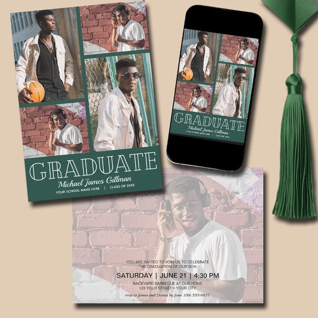 Mörk grönt Studentfest för multifoto Inbjudningar (Multi Photo Dark Green Graduation Party Invitations - PRINTED and/or INSTANT DOWNLOAD)