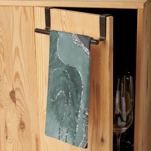 Mörk grönt svart marble Agate Silver Glam #1 Kökshandduk (Thirds Fold)