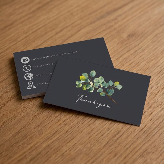 Mörk grönt tack för Eucalyptus gren Tilläggskort (Eucalyptus branch dark green thank you insert card with silver grey hand style script bold icons.)
