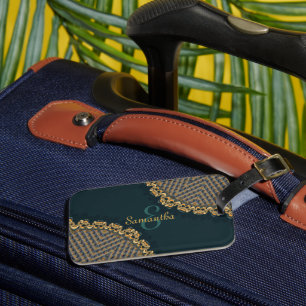 Mörk grönt Teal + Guld w. eget namn Bagagebricka