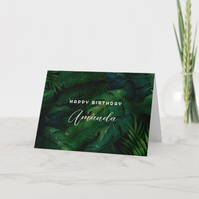 Mörk grönt Tropiska Löven Mönster födelsedag Kort (Framsida)