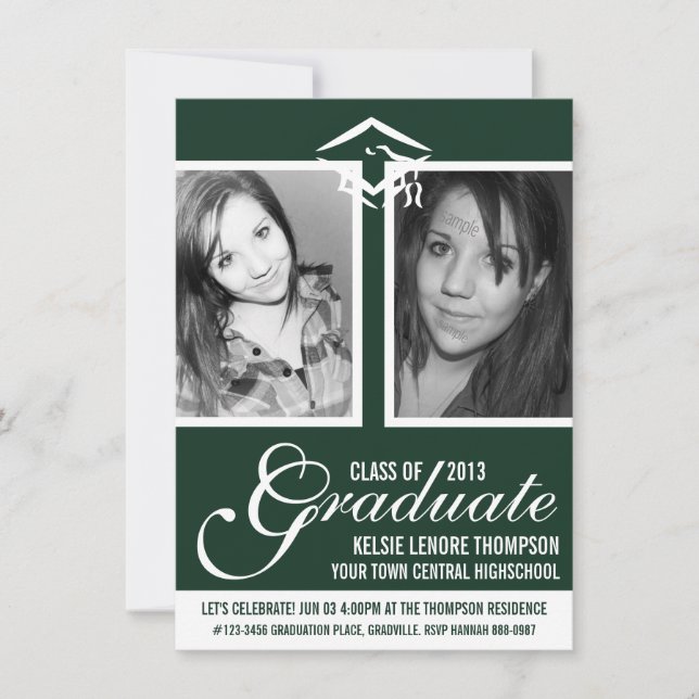 Mörk grönt två fotopatecken för Student och skript Inbjudningar (Framsida)