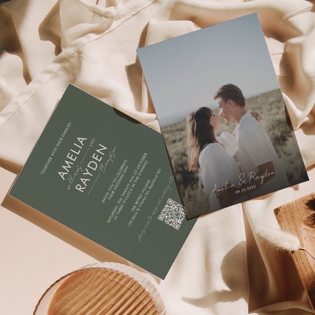 Mörk grönt typografi-skript Foto QR-kod Bröllop Inbjudningar (Skapare uppladdad)