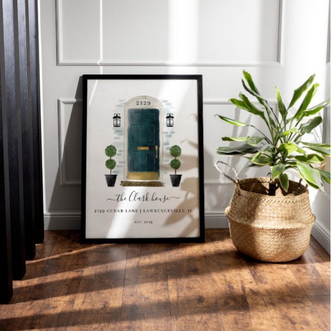 Mörk grönt vattenfärgsdörr i hemmet för hemmet poster (Home Sweet Home Family Dark Green Watercolor Door Poster)