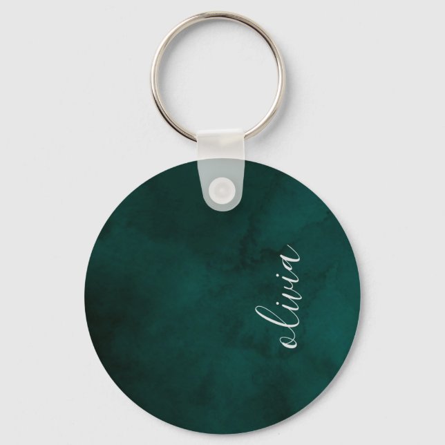 Mörk grönt vattenfärgsmonogramnyckelkedja - person nyckelring (Framsida)