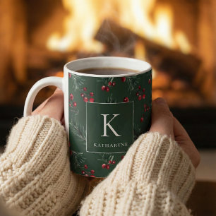 Mörk grönt vintervattenfärg botaniskt monogram kaffemugg