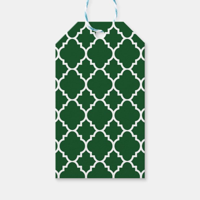 Mörk grönt vit Quatrefoil Moroccan Mönster Presentetikett (Framsidan)