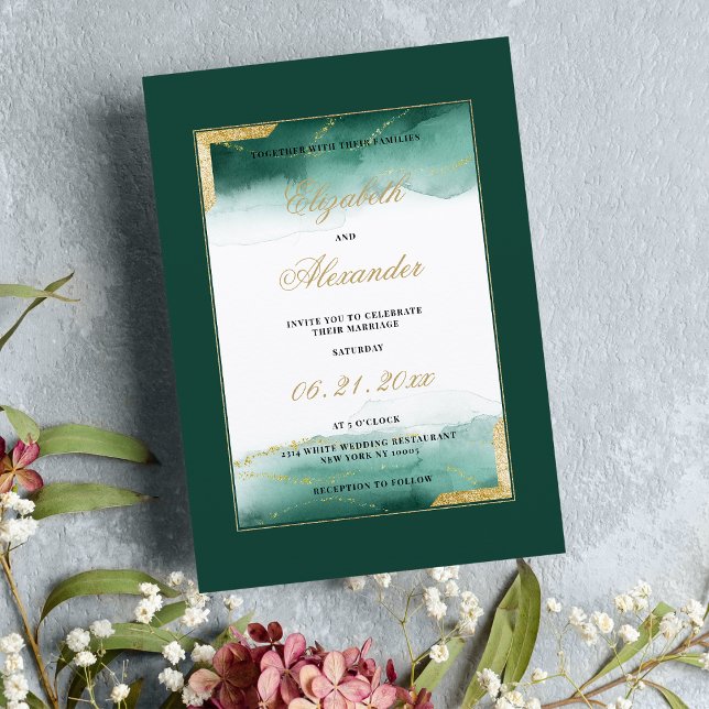 Mörk grönt vit vattenfärg guld glitter bröllop inbjudningar (Dark green white watercolor gold glitter wedding )