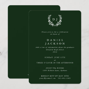 Mörk grönt/vita Monogram Laurel-utandning Studente Inbjudningar