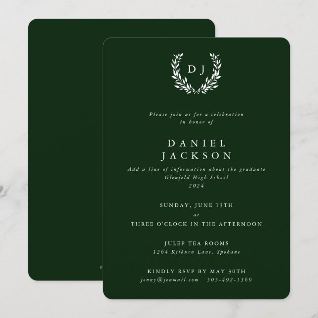 Mörk grönt/vita Monogram Laurel-utandning Studente Inbjudningar (Fram/baksida)
