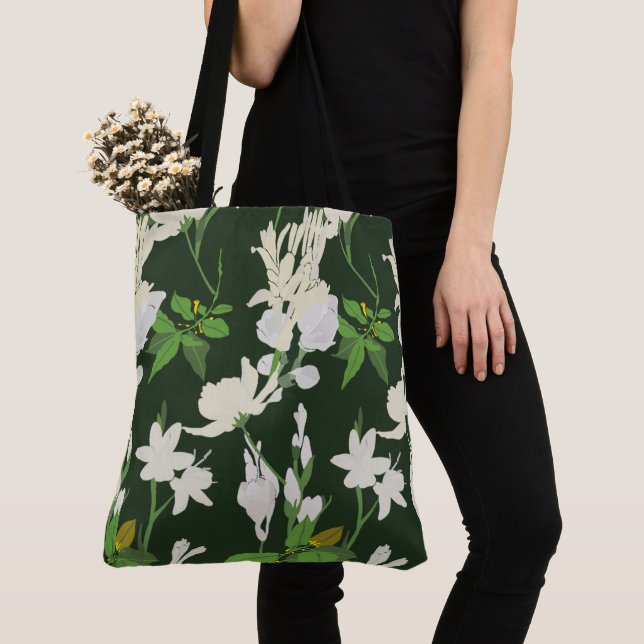Mörk grönt vitblommor 1 tygkasse (Närbild)