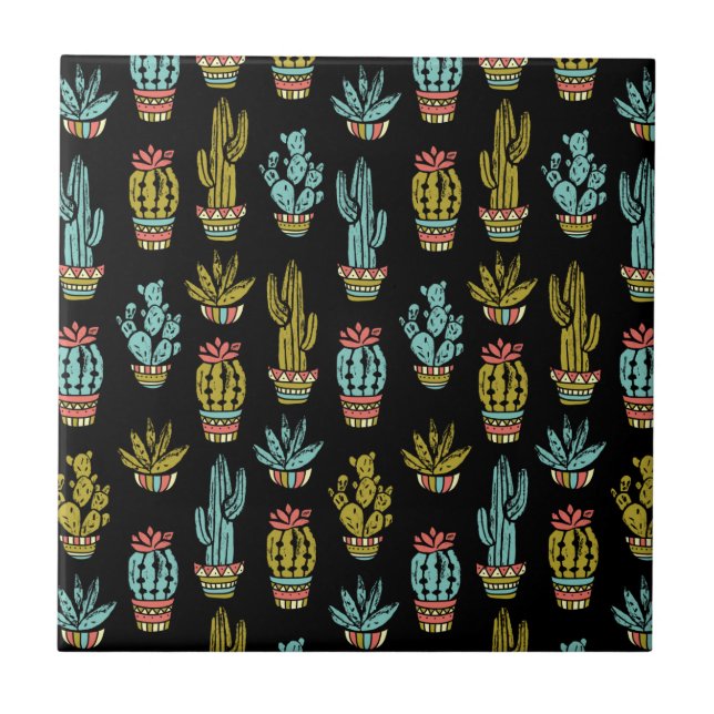 Mörk Grunge Cactus Mönster Kakelplatta (Framsidan)