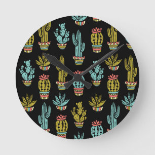 Mörk Grunge Cactus Mönster Rund Klocka