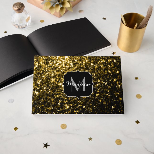 Mörk guld gult faux glitter sparkles Monogram Gästböcker (Framsida öppen)