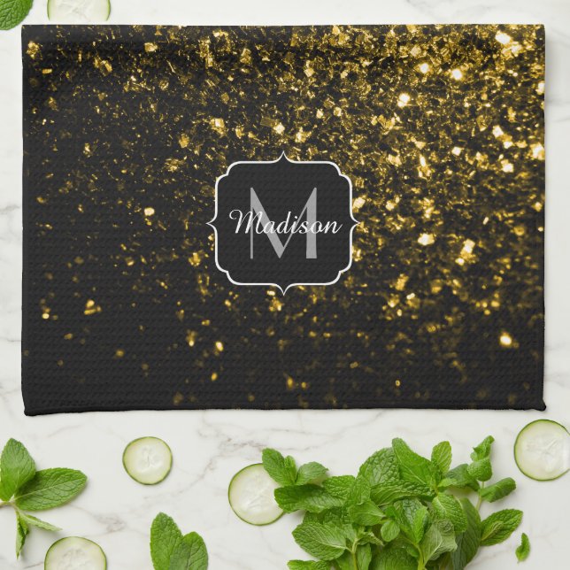 Mörk guld gult faux glitter sparkles Monogram Kökshandduk (Vikta)