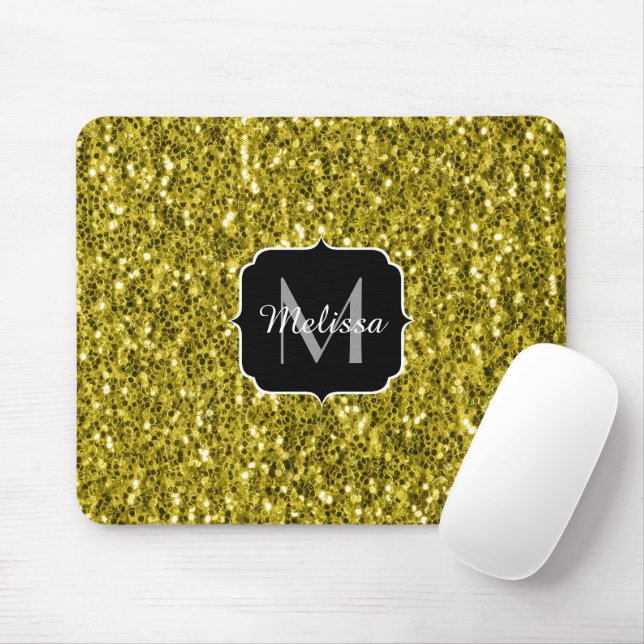 Mörk guld gult faux glitter sparkles Monogram Musmatta (Med mus)