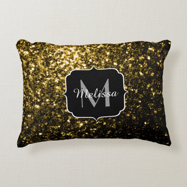 Mörk guld gult faux glitter sparkles Monogram Prydnadskudde (Framsidan)