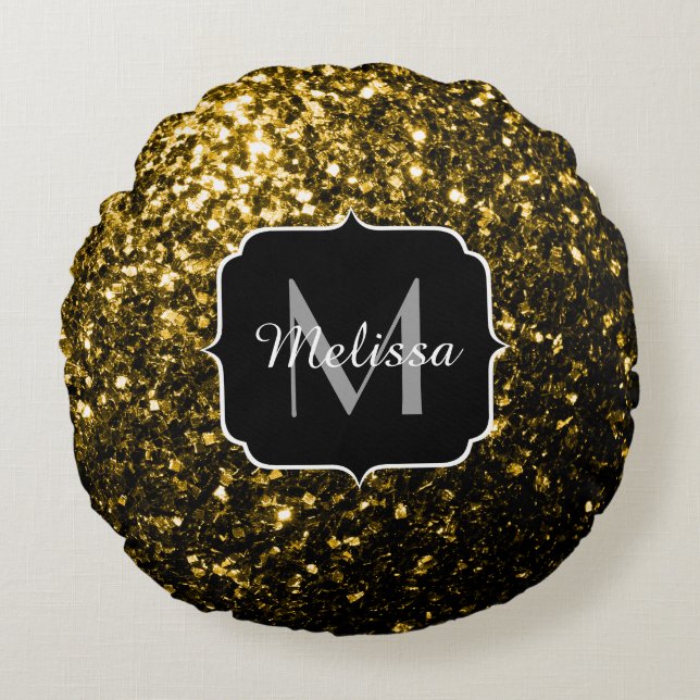 Mörk guld gult faux glitter sparkles Monogram Rund Kudde (Framsidan)