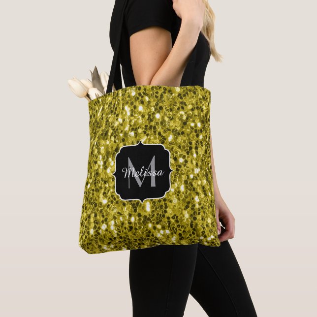 Mörk guld gult faux glitter sparkles Monogram Tygkasse (Närbild)