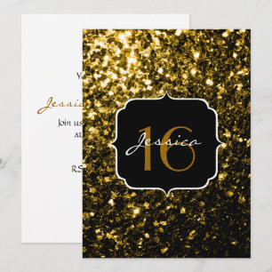 Mörk guld gult faux glitter sparkles Sweet 16 Inbjudningar