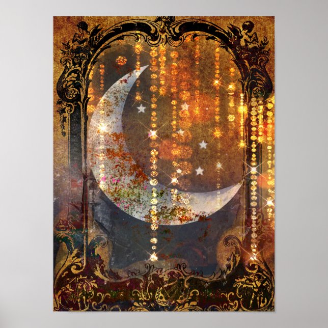 Mörk Guld Mystic Crescent Måne Crystals Poster (Framsidan)