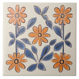 Mörk Gult & Teal Blommigt Flowers Mediterranean Kakelplatta