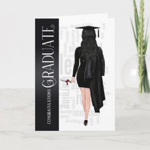 Mörk Hair Black Cap och Gown Female Student Card Kort
