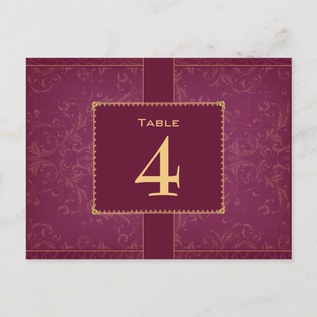 Mörk hallon och bordsnumret guld bröllop vykort (Framsida)