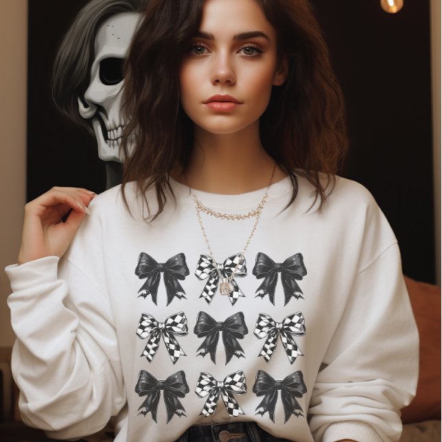 Mörk Halloween Black-kontrollbågar Coquette T Shirt (Dark Halloween Black checked bows Coquette Sweatshirt)