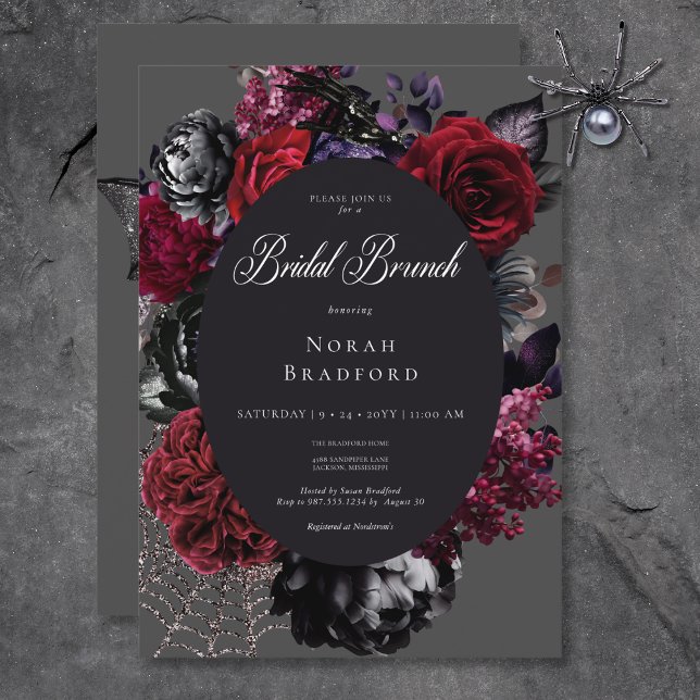 Mörk Halloween Glam Blommigt Black Möhippa Brunch Inbjudningar (Dark Halloween Glam Floral Black Bridal Brunch Invitation)